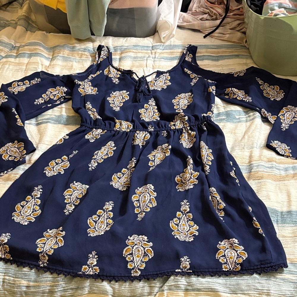 Xhilaration Navy and Yellow Patterned Kids Dress